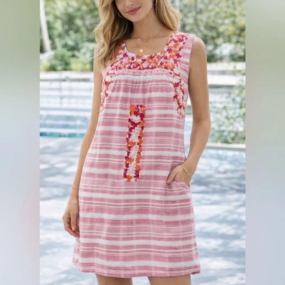 J. Marie Pink Striped Embroidered Shift Dress Sleeveless Lined Size M